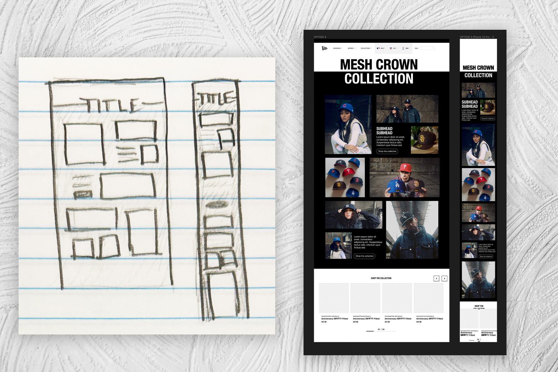 wireframe sketch on paper compared to Figma wireframe